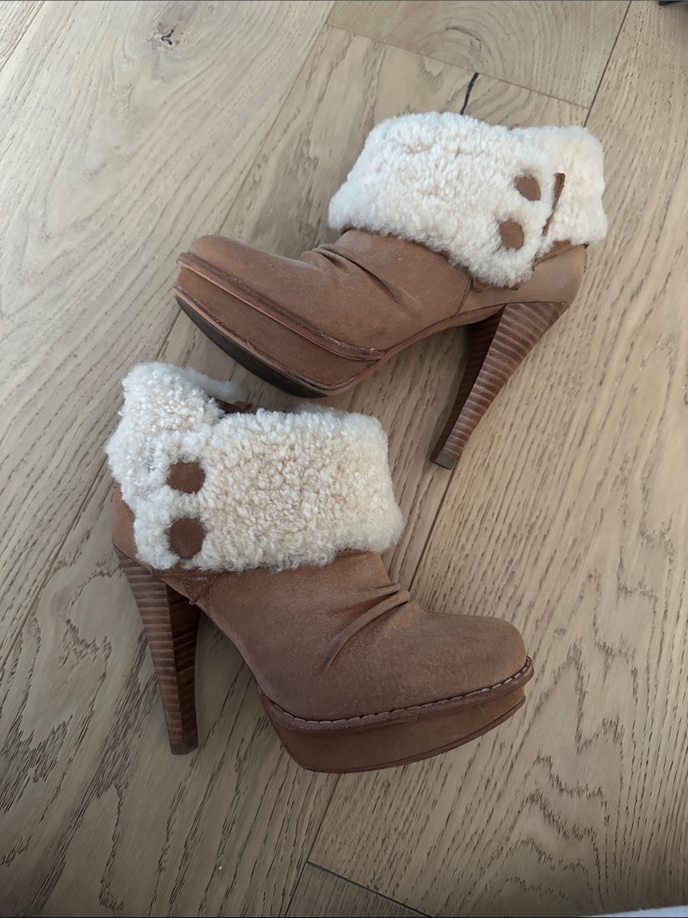Women's Ugg Tan Shearling-Cuff High Heel Booties